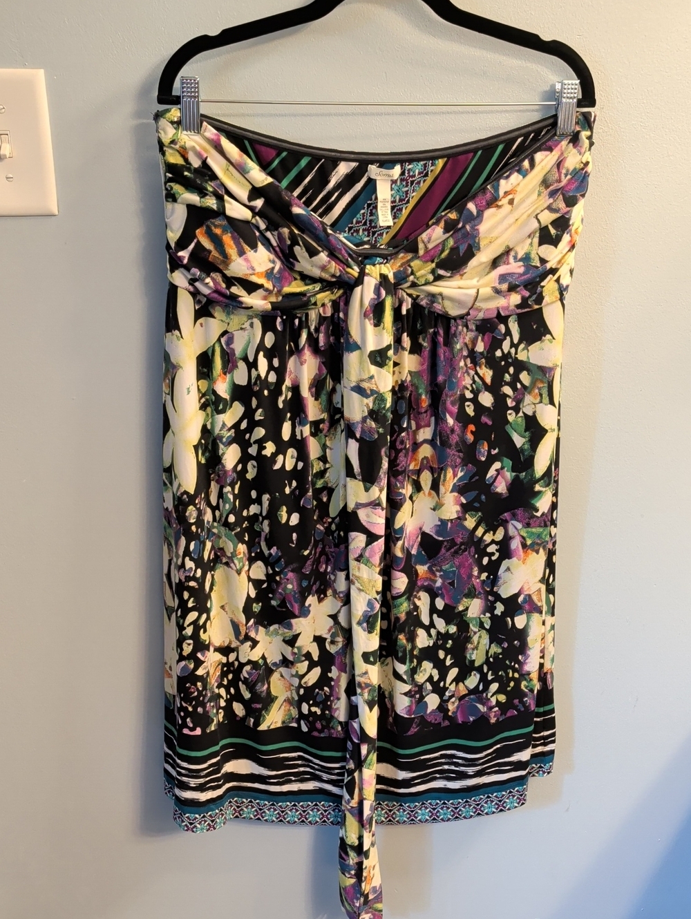 Soma Strapless Black Floral Tie-Front Midi Dress with Purple & Cream Accents